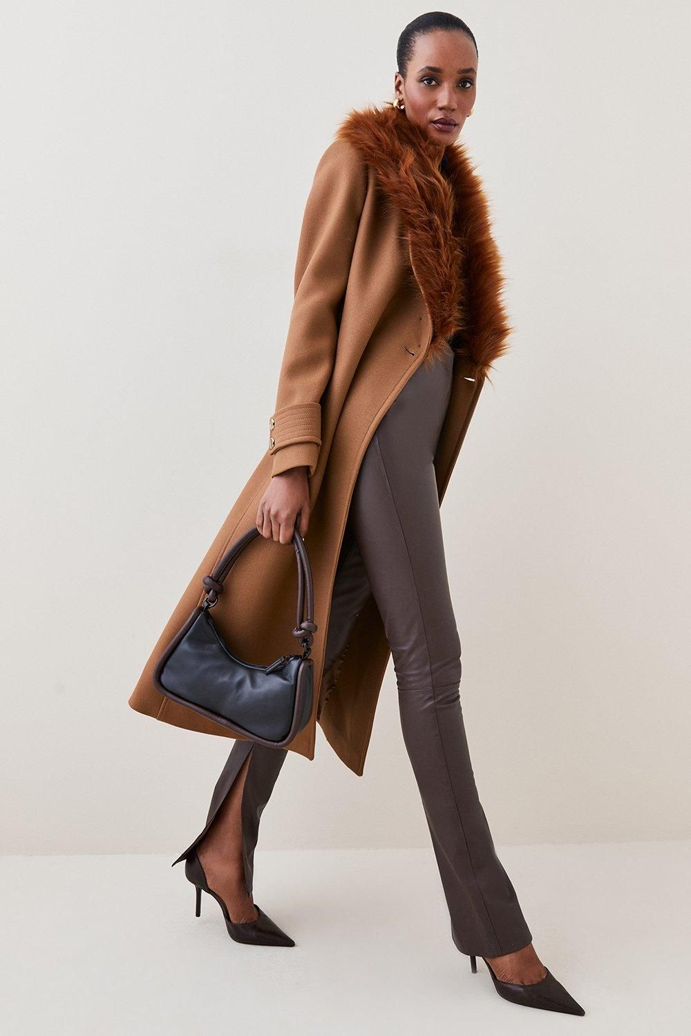 Italian Wool Cashmere Blend Belted Faux Fur Collar Coat | Karen Millen US