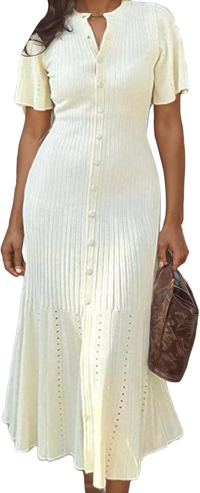 LAJIOJIO Knit Long Dress Women,Elegant Button Down Short Sleeve Slim Fit Dresses | Amazon (US)