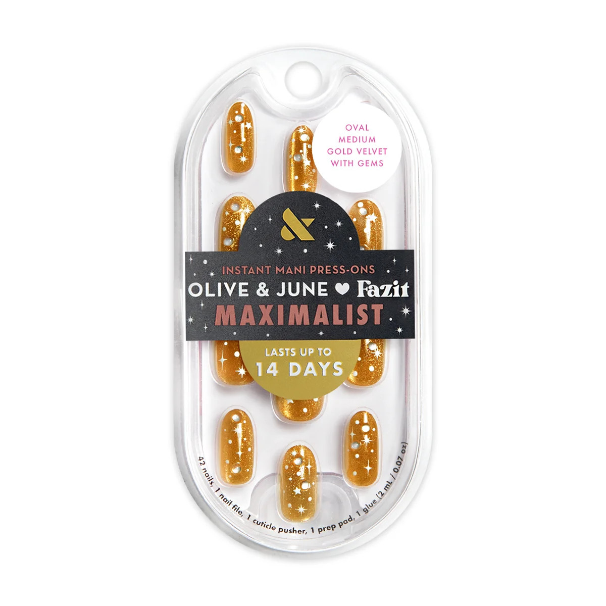 Olive & June + Fazit Instant Mani Maximalist Medium Oval Press-on Nails, Gold Velvet with Gems, 4... | Walmart (US)