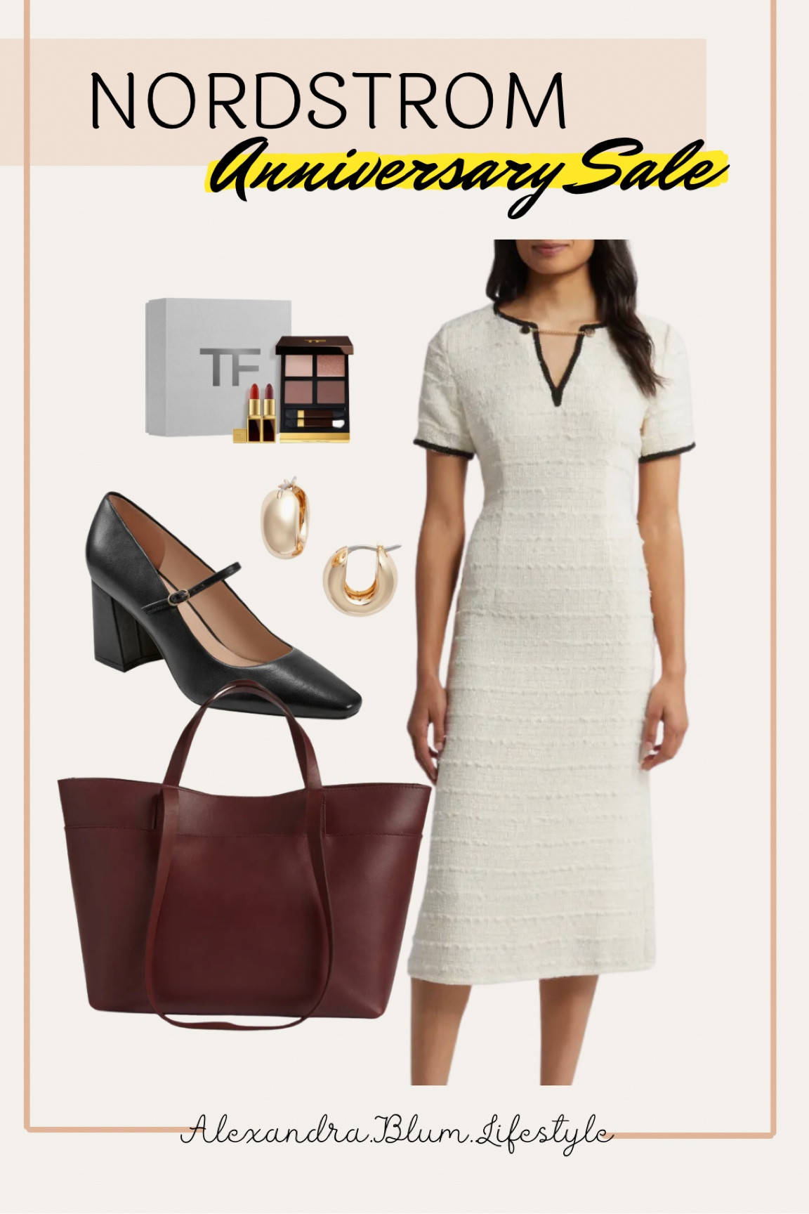 Nordstrom anniversary sale work outfit idea! Midi tweed dress perfect for an office outfit! Black work heels, wine colored tote bag, gold hoops, and Tom ford make up bundle! 

#LTKxNSale #LTKSummerSales #LTKWorkwear