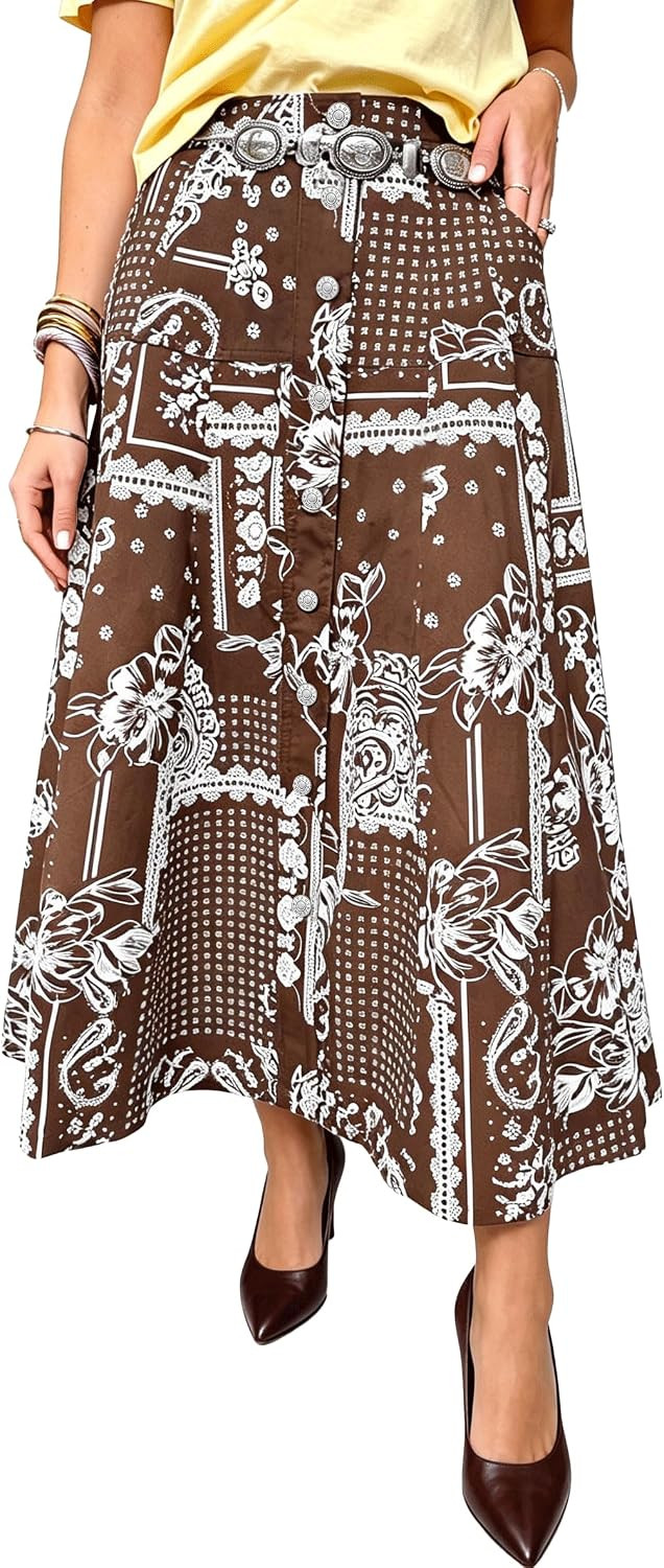 Tankaneo Womens Boho Button Front A-Line Midi Skirt with Pockets | Amazon (US)