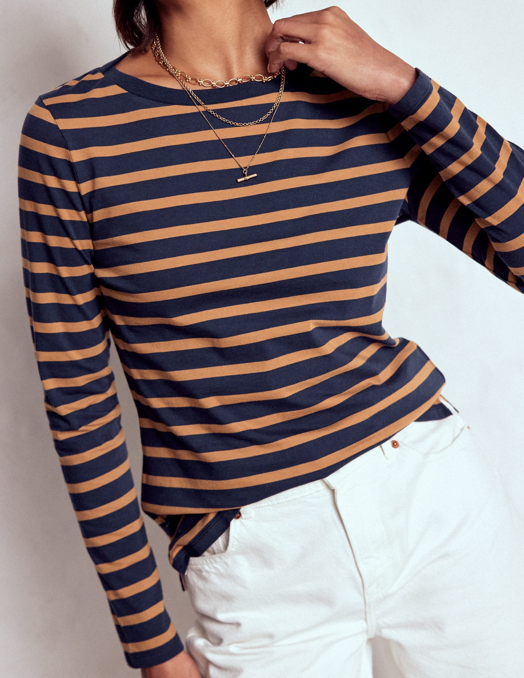 Olivia Long Sleeve Breton-Navy, Camel Stripe | Boden UK