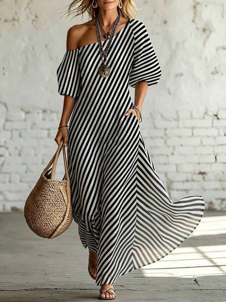 Women's Elegant Asymmetrical Shoulder Black And White Striped Maxi Dress,Summer Boho Holiday Vaca... | SHEIN