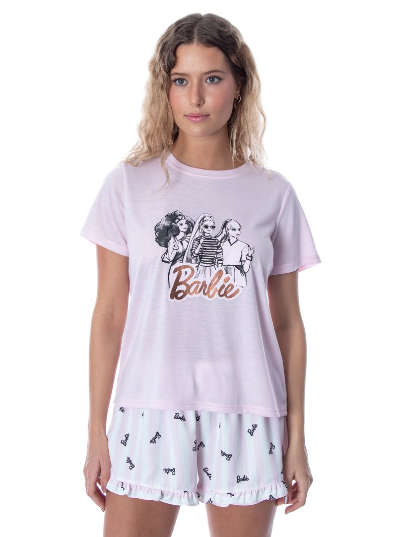 Barbie Women's Tossed Stripe Trio Shirt and Ruffle Shorts 2 PC Pajama Set (LG) | Walmart (US)