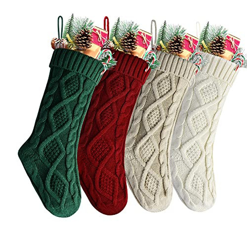Christmas Stockings Bulk, Large 18 Inch Burgundy, Ivory, Green and Khaki Cable Knit Stocking for Xmas Holiday Decoration, 4 Pack | Amazon (US)