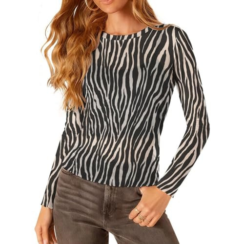 Women's Floral Mesh Long Sleeve Tops Sexy Sheer Lace Going Out Casual Crewneck Slim Fit Blouses S... | Amazon (US)