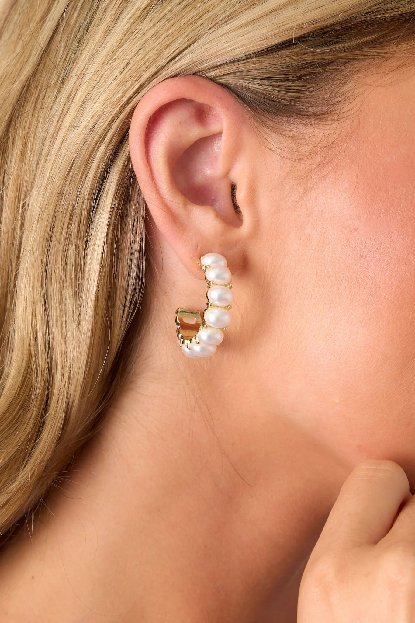 Never As It Seems Gold & Pearl Hoop Earrings | Red Dress