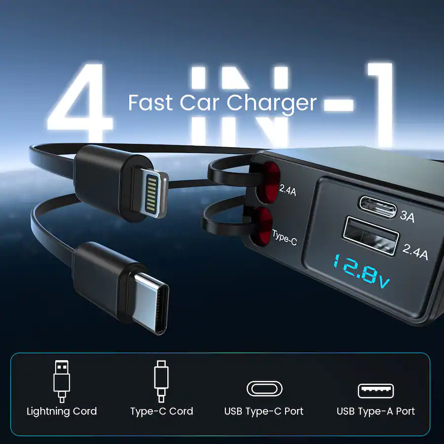 NEXPOW - Retractable Car Charger 4 in 1 Fast Car Phone Charger USB C Lightning Multi Port Adapter | Best Buy U.S.