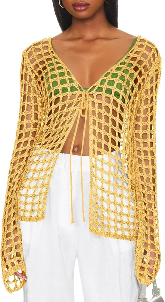 Saodimallsu Womens Long Sleeve Swimsuit Coverup Crochet Hollow Out Tie Front Swim Cover Up Knit C... | Amazon (US)