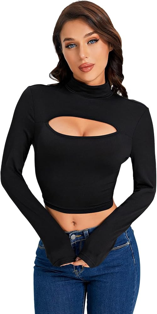 SweatyRocks Women's Turtleneck Long Sleeve Cut Out Slim Fitted Crop Tee | Amazon (US)