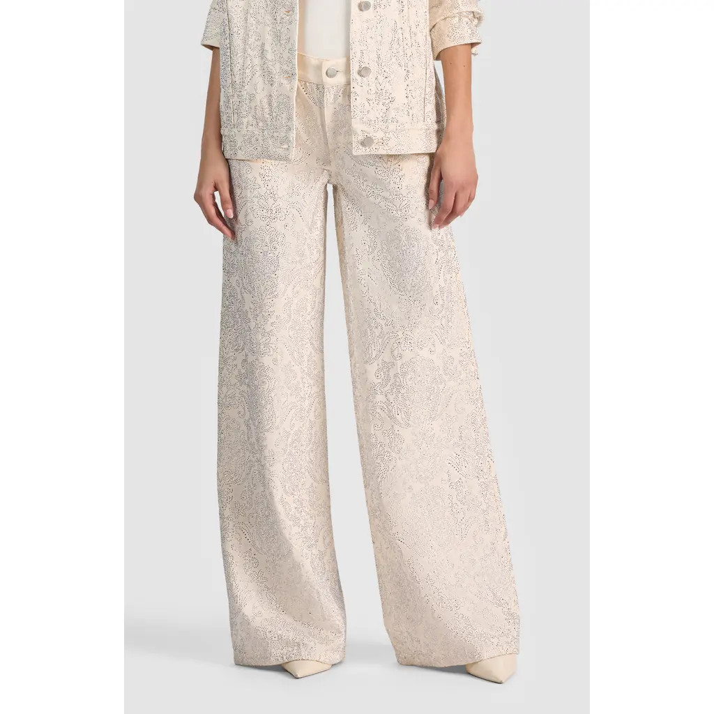Alice + Olivia Amazing Stud Embellished Baggy Wide Leg Jeans in Off White/Multi at Nordstrom, Size 28 | Nordstrom