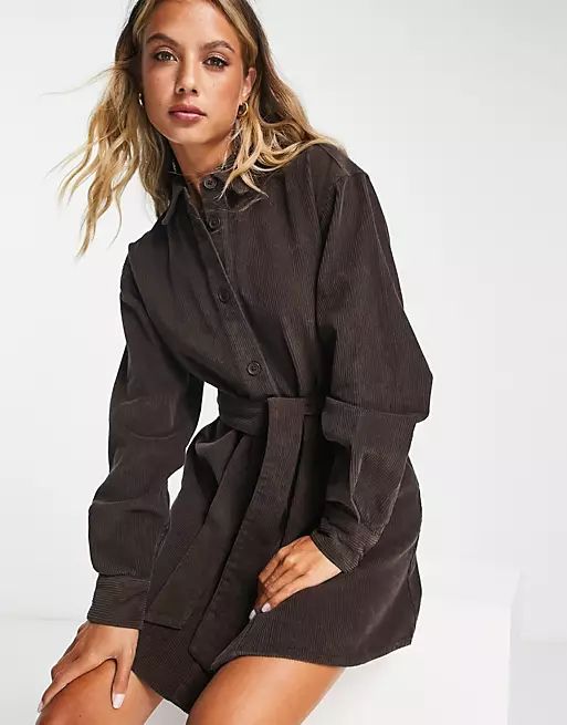 ASOS DESIGN cord belted shirt dress in chocolate | ASOS | ASOS (Global)