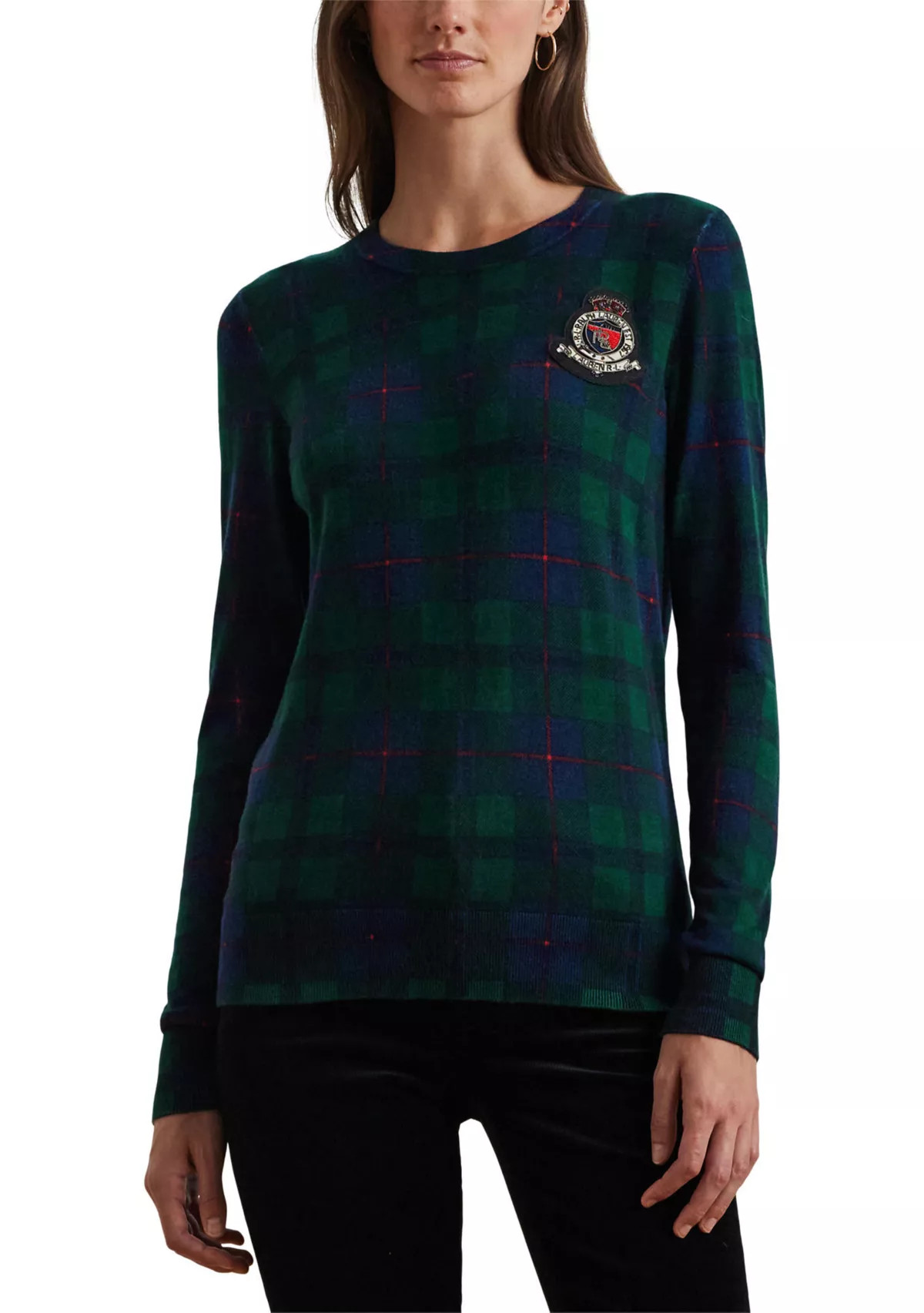 Lauren Ralph LaurenWomen's Black Watch Plaid Beaded-Crest Sweater | Belk