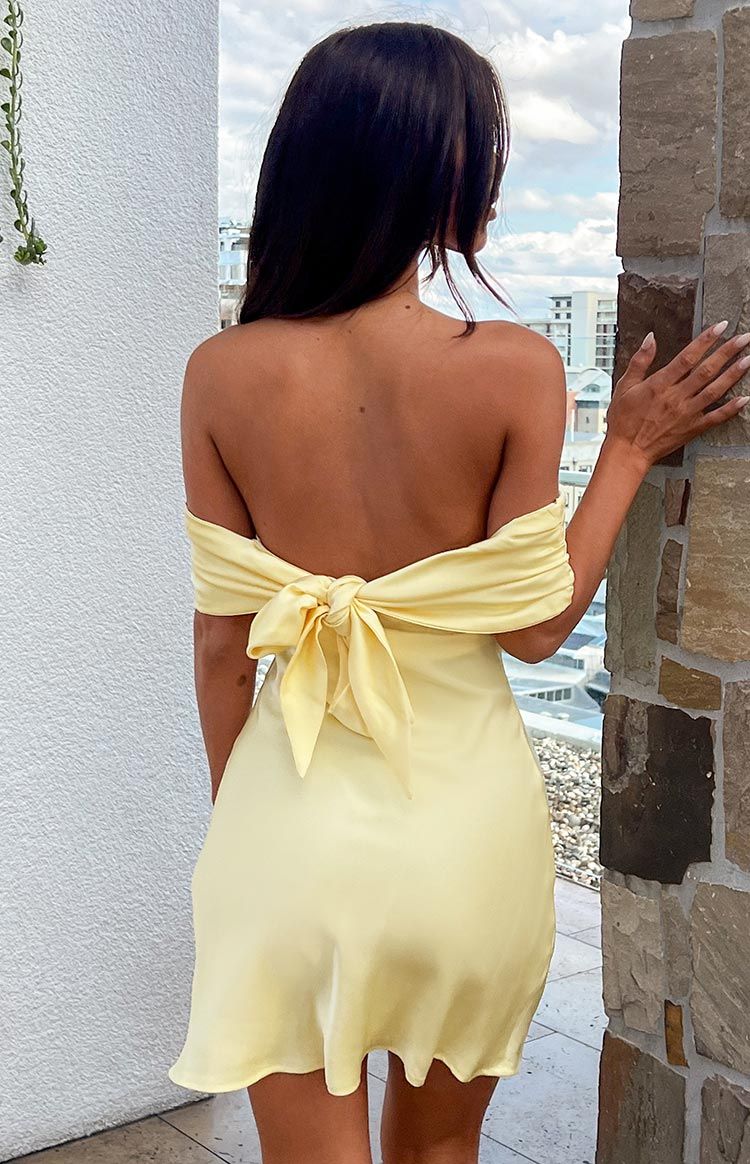 Primrose Yellow Satin Off the Shoulder Mini Dress | Beginning Boutique (US)