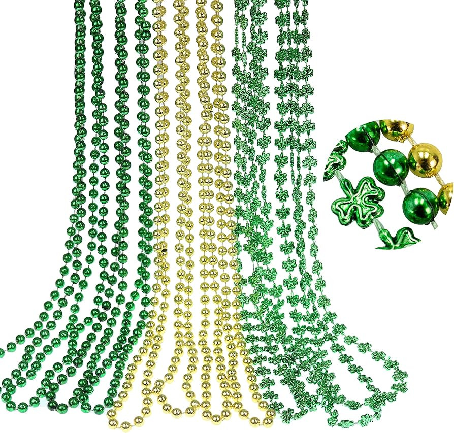 GiftExpress 12 pack Mardi Gras Beads Necklace, Metallic Green Gold Shamrock Beaded Necklace, Mard... | Amazon (US)
