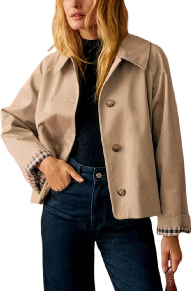 Women Oversize Trench Coat Plaid Lining Lapel Button Down Casual Crop Jacket Outwear with Pockets | Amazon (US)