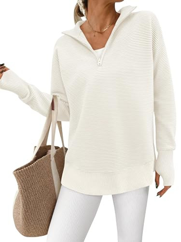 PRETTYGARDEN Womens Long Sleeve Quarter Zip Pullover Sweater Casual Loose V Neck Collared Ribbed Knit Jumper Tops Thumb Hole(White,Small) | Amazon (US)