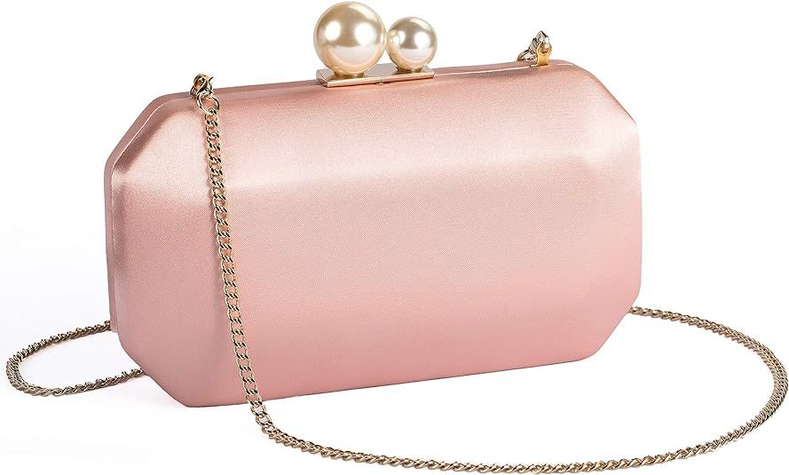 Women Satin Clutch Purse Handbags/Crossbody Hardcase Evening Bag with Pearls Closure for Party | Amazon (US)
