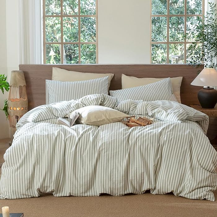 MooMee Striped Duvet Cover Set 100% Washed Cotton Linen Like Textured Breathable Durable Soft Com... | Amazon (US)