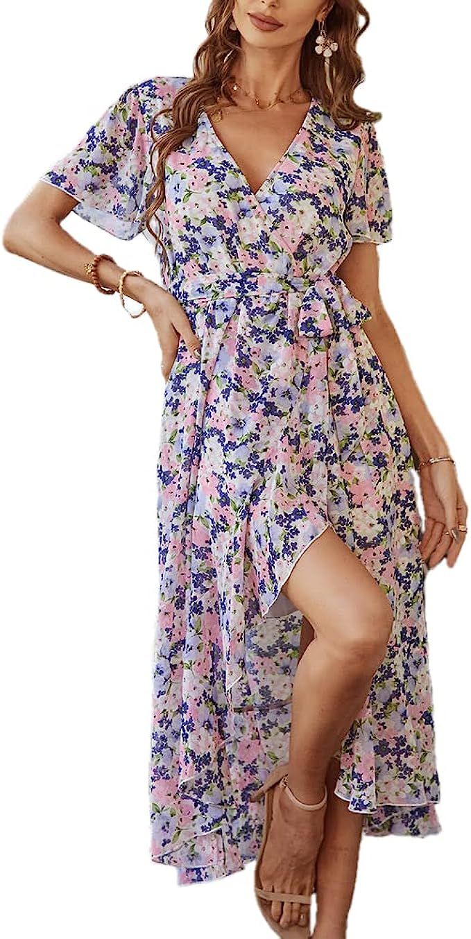 Graceasy Women's Summer Casual Midi Dress - Floral Printed V-Neck Wrap Short Sleeve Flowy Boho Be... | Amazon (US)