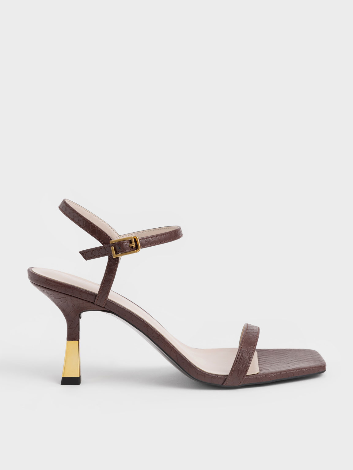 Snake-Print Ankle-Strap Heeled Sandals
 - Animal Print Brown | Charles & Keith US