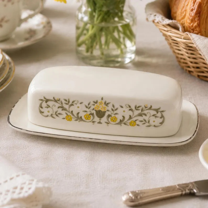Vintage Porcelain Butter Dish \u2013 Florentine Fine China Japan Green & Yellow Floral with Silve... | Etsy (Global)