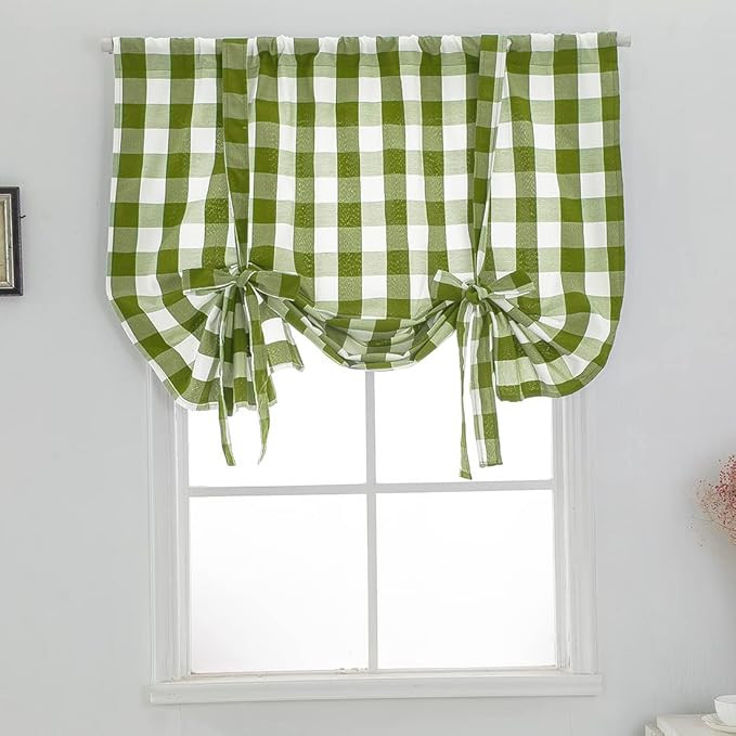 vctops Green and White Buffalo Check Tie Up Curtains Farmhouse Thermal Insulated Window Adjustabl... | Amazon (US)