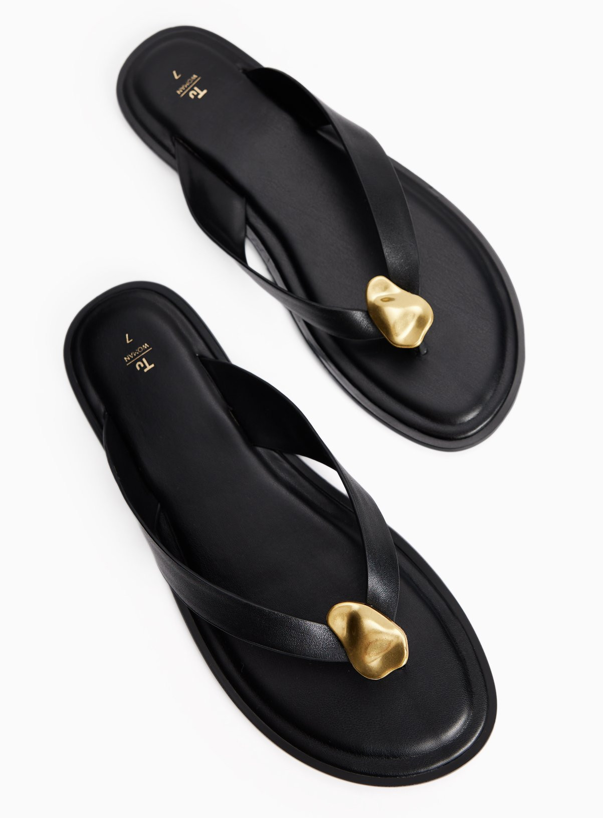 Black Leather Metal Detail Toe Post Sandals | Tu Clothing