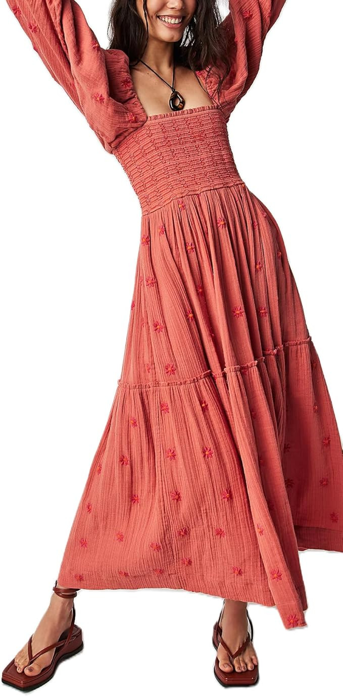 Argeousgor Women 2024 Bohemian Floral Dress Square Neck Ruffle Swing A Line Maxi Dress Long Sleev... | Amazon (US)