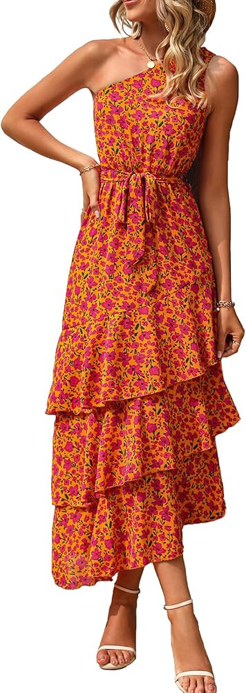 PRETTYGARDEN Women's Summer Floral Sundress Casual One Shoulder Tiered Ruffle Flowy Midi Beach Bo... | Amazon (US)