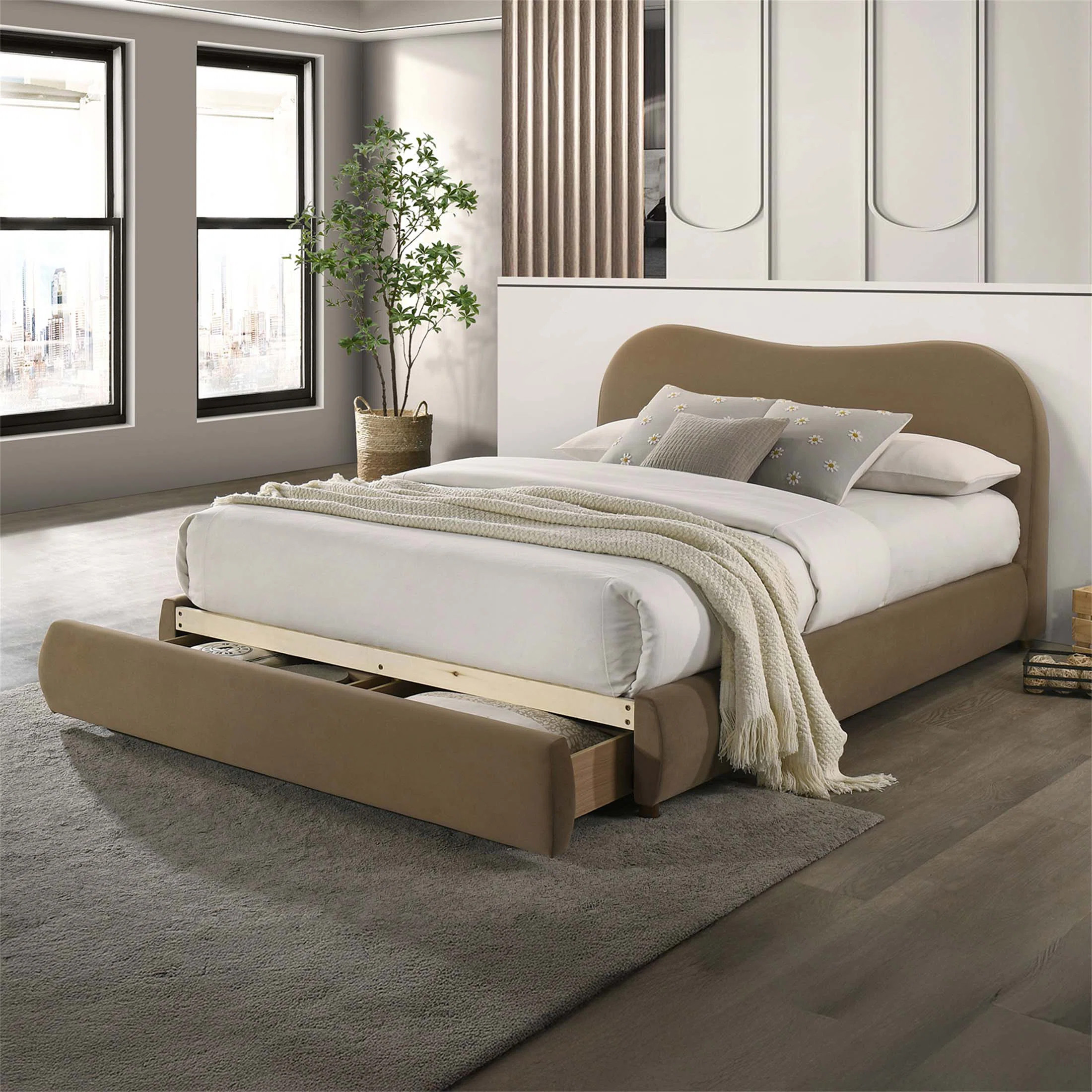 Elegant Queen Size Velvet Upholstered Bed With Curved Headboard And Built-In Storage, Perfect For... | Wayfair North America