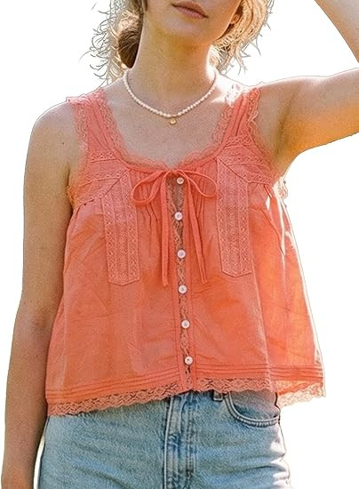 Women Summer Boho Lace Tie Front Tank Beach Vacation Top Button Down Sleeveless Cardigan Crop Y2k... | Amazon (US)