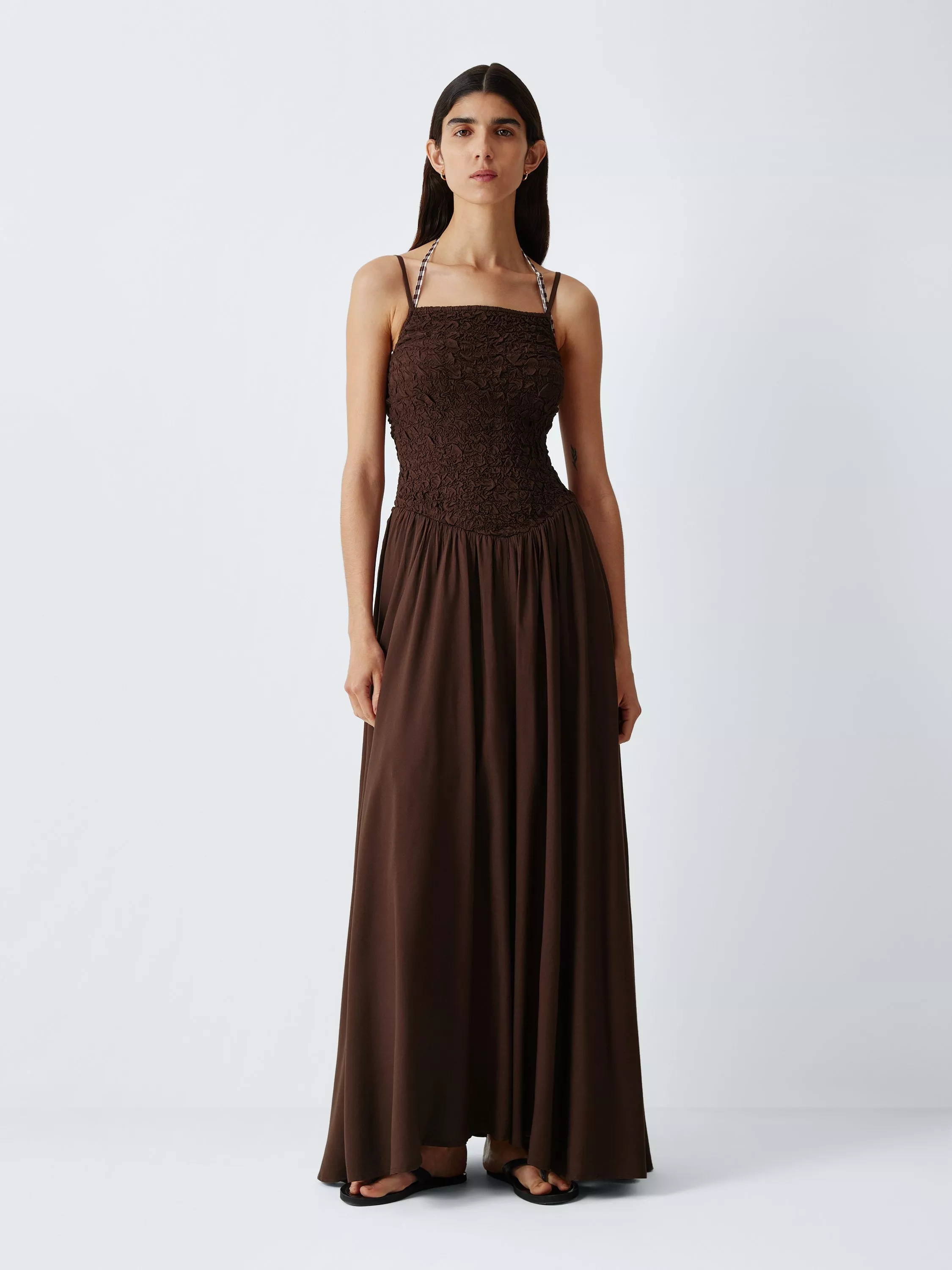 John Lewis Dropped Waist Midi Dress, Chocolate | John Lewis (UK)