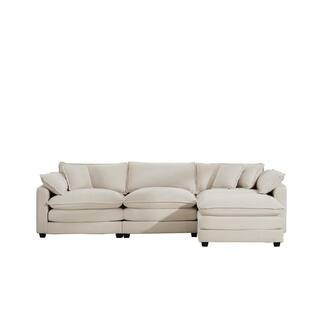 114.56 in Wide Square Arm Fabric L-Shaped Modern Upholstered Sofa in Beige | The Home Depot