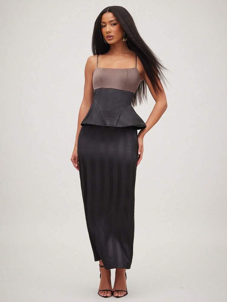 NYA SZN Dress Sleeveless Thin Strap Peplum Top Slim Fitted Brown Black Stripe Pinstripe Warm Weather St. Patrick's Day Easter Holiday Spring Summer Business Casual Event Party Occasion Office Siren Luxury Maxi Length Outfits For Women | SHEIN