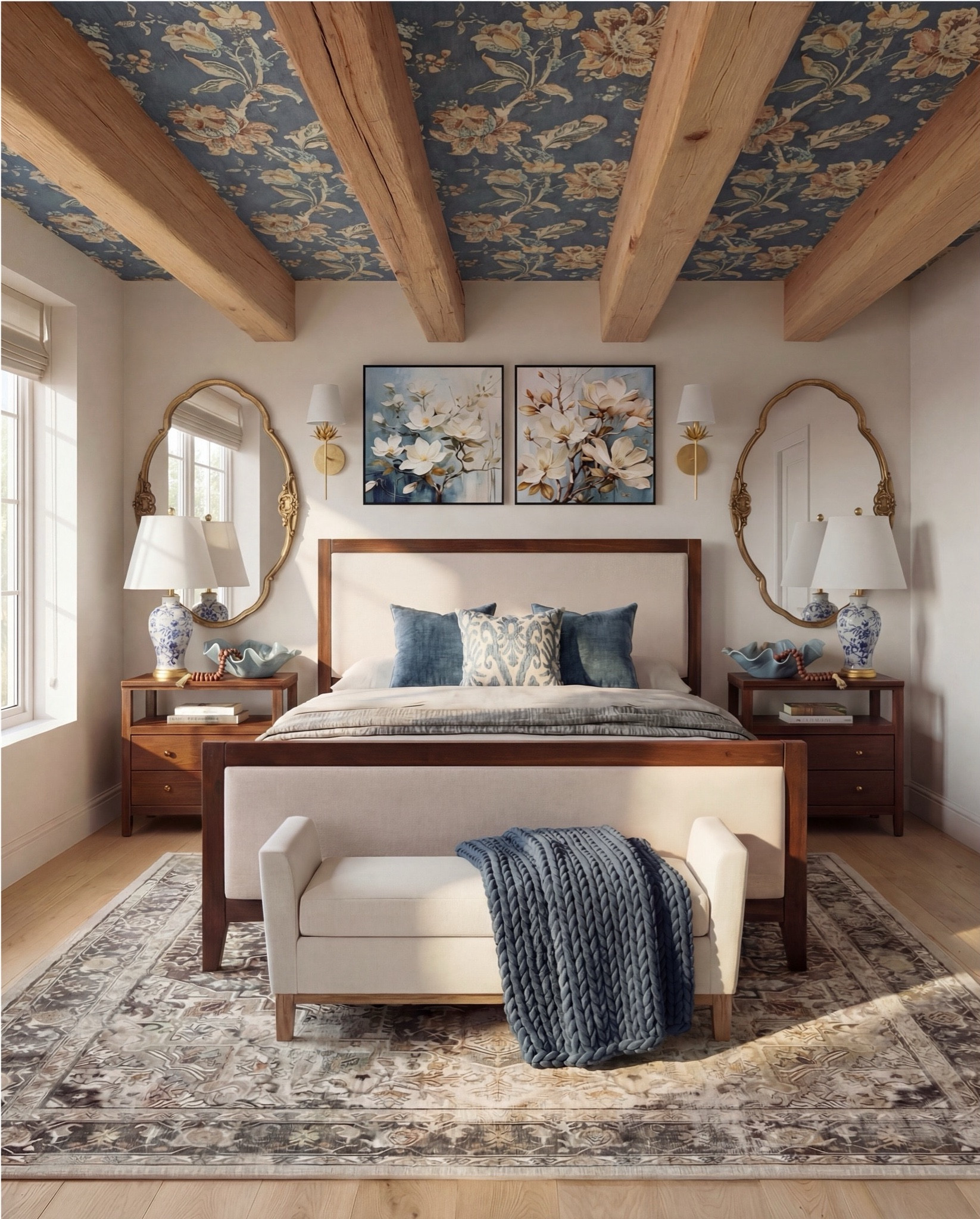 This foyer feels classic, layered, and quietly elegant—the kind of entry that instantly signals a thoughtfully designed home. The blue botanical wallpaper brings softness and movement, while warm wood tones and brass accents ground the space and keep it from feeling too formal. It’s traditional at first glance, but the textures and silhouettes make it feel fresh and livable.

The styling is balanced and intentional—symmetry at the wall, contrast in materials, and sculptural pieces that feel collected over time rather than styled all at once.

Shop the Look:
• Blue botanical wallpaper (leaf motif, muted navy + beige)
• Solid wood console table (dark walnut finish)
• Fluted wood console table legs
• White marble console tabletop
• Framed vintage floral wall art (dark wood frame)
• Brass wall sconces with white globe shades
• Blue and white ceramic table lamp
• White fabric lamp shade (tapered)
• Wooden decorative tray (rectangular)
• Stacked neutral coffee table books
• Sculptural ceramic bowl (cream stoneware)
• Distressed ceramic vase (antique white)
• Dried branches or twigs arrangement
• Bouclé ottomans (ivory, round)
• Light wood flooring
• White baseboards and trim

#LTKHome #LTKSaleAlert