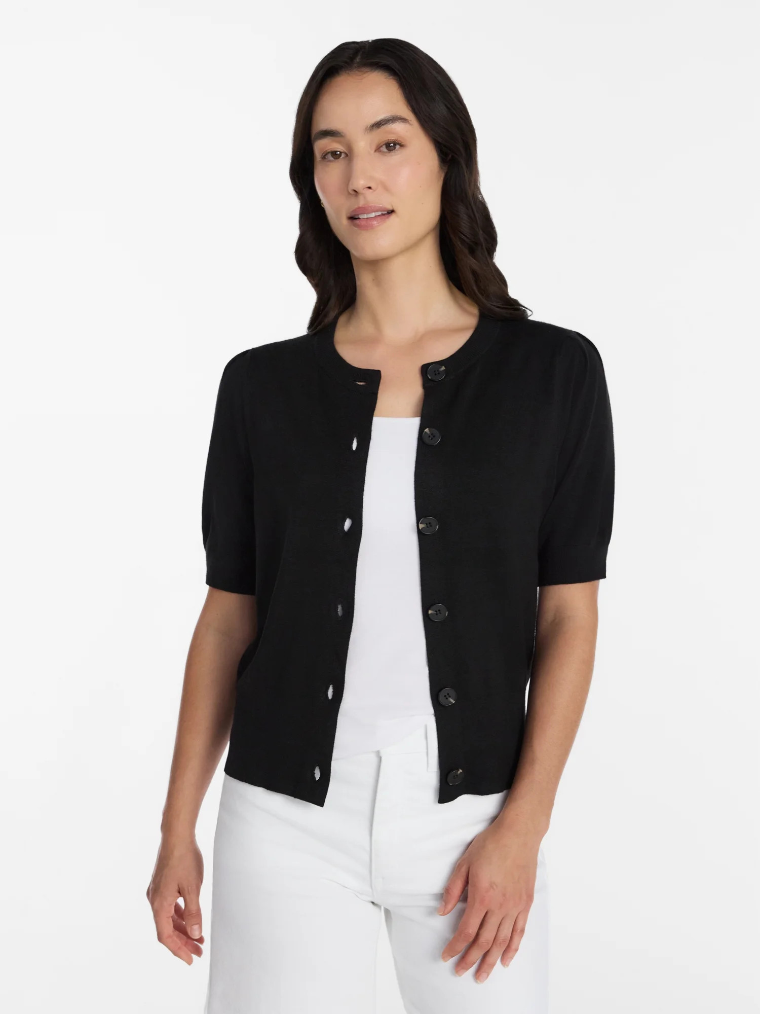 Time and Tru Women's Crewneck Cardigan with Short Sleeves, Lightweight, Sizes XS-XXXL | Walmart (US)