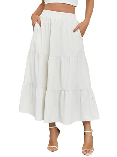 Long A Line Skirts for Women Summer Smock Loose Tiered Maxi Skirts Classic Solid Color Beach Flowy Skirt | Amazon (US)