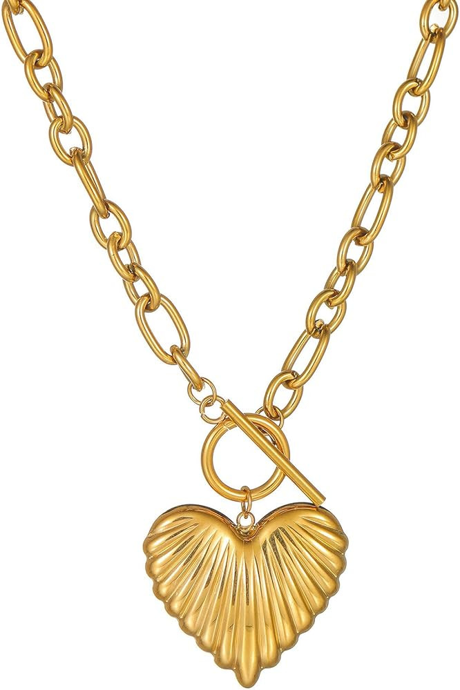 18K Gold Plated Heart Pendant Necklace Chunky Paperclip Choker Necklace for Women | Amazon (US)