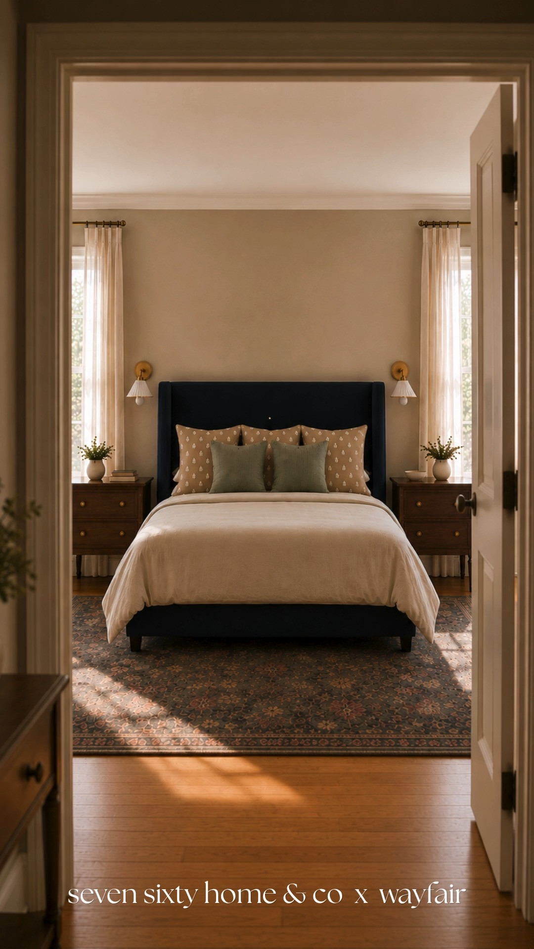 A full bedroom design in one cart, all from Wayfair 🤍 This heritage cottage primary bedroom features a deep navy upholstered bed, warm walnut furniture, soft neutral bedding, vintage inspired rugs, and timeless traditional details layered together for a cozy collected look. Perfect for anyone searching Wayfair bedroom ideas, cozy cottage interiors, navy bedroom inspiration, traditional primary bedroom decor, and timeless heritage style finds.
 

 #LTKHome