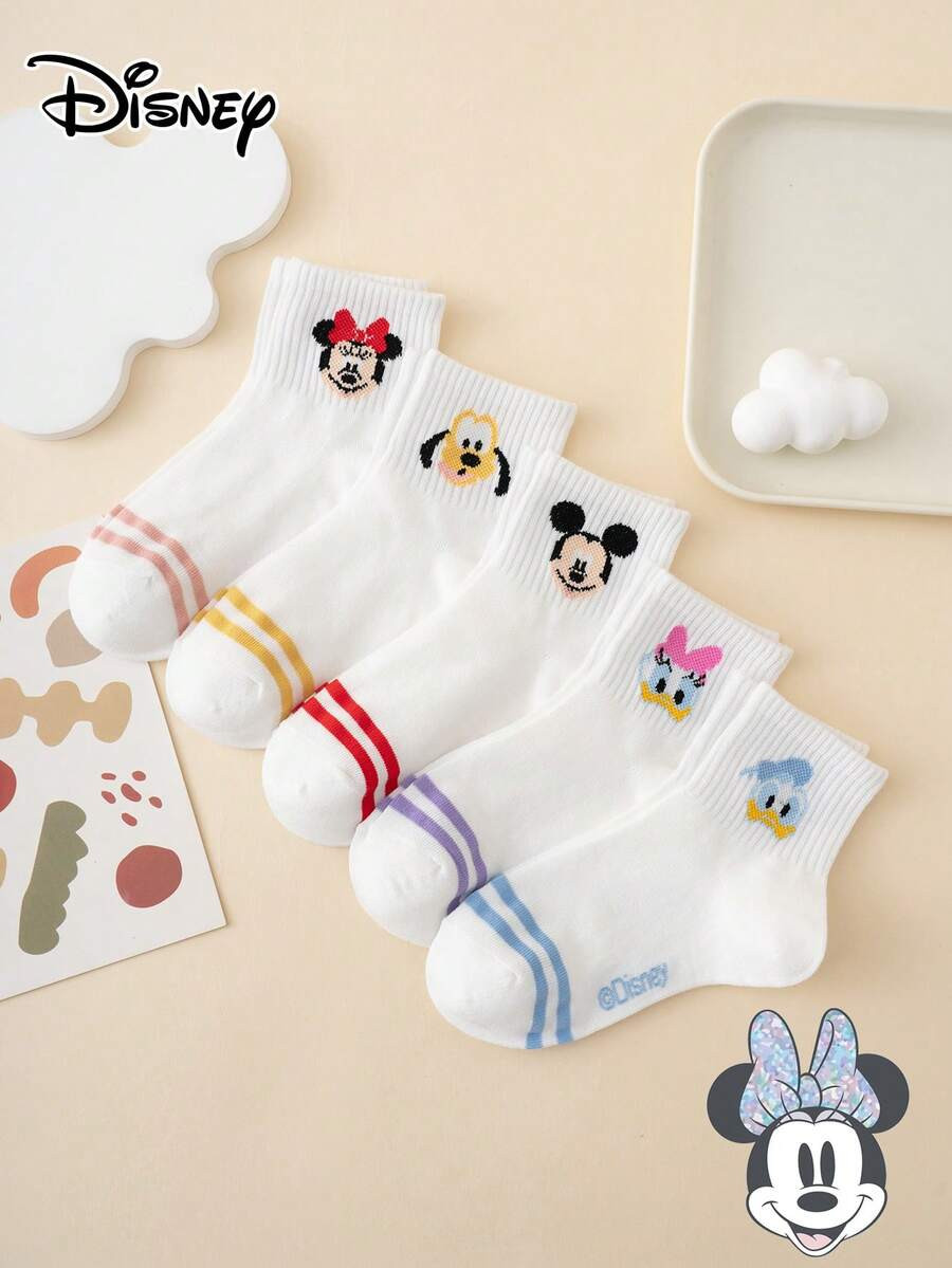 5 Pairs Disney Series Mickey Minnie Donald Duck Striped Pattern Funny Cartoon Kids Mid-Calf Socks | SHEIN