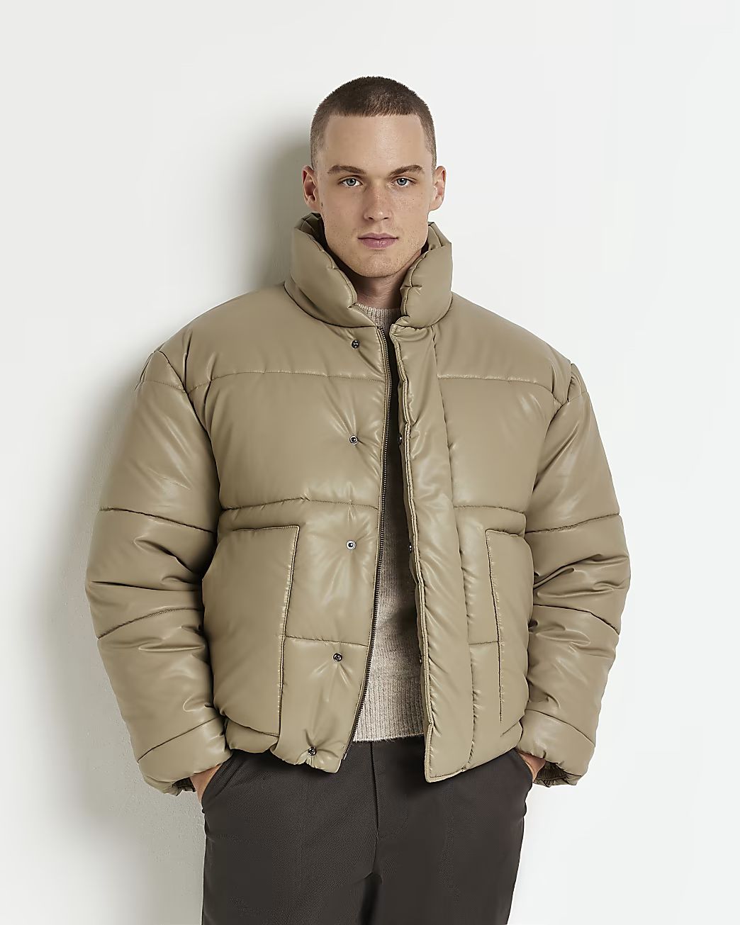 Brown regular fit faux leather puffer jacket | River Island (UK & IE)