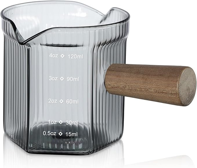 Joeyan 4 oz Grey Double Spouts Measuring Triple Pitcher Milk Cup with Wood Handle,Ribbed High Bor... | Amazon (US)
