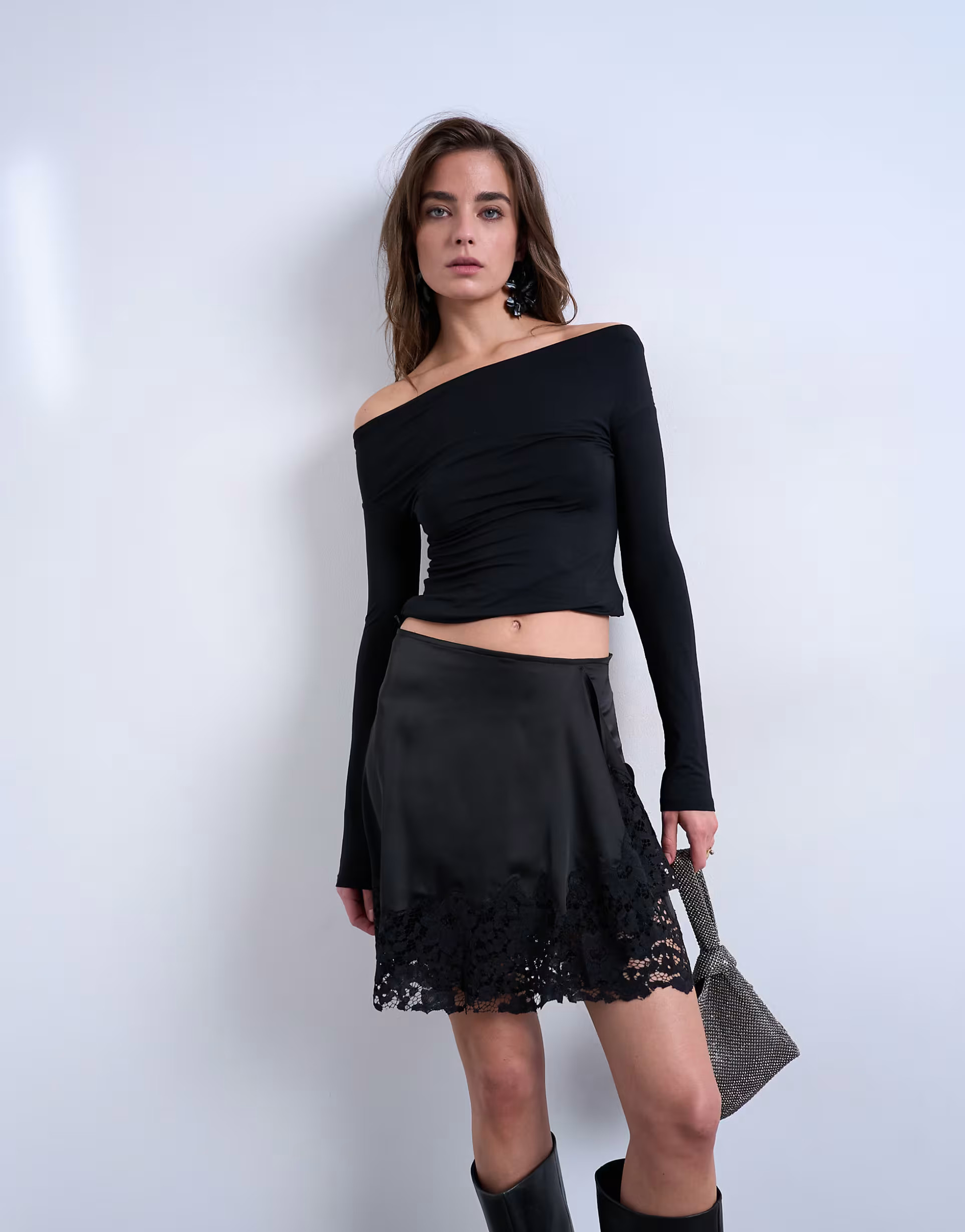 Topshop satin asymmetric mini skirt with lace trim in black | ASOS | ASOS (Global)
