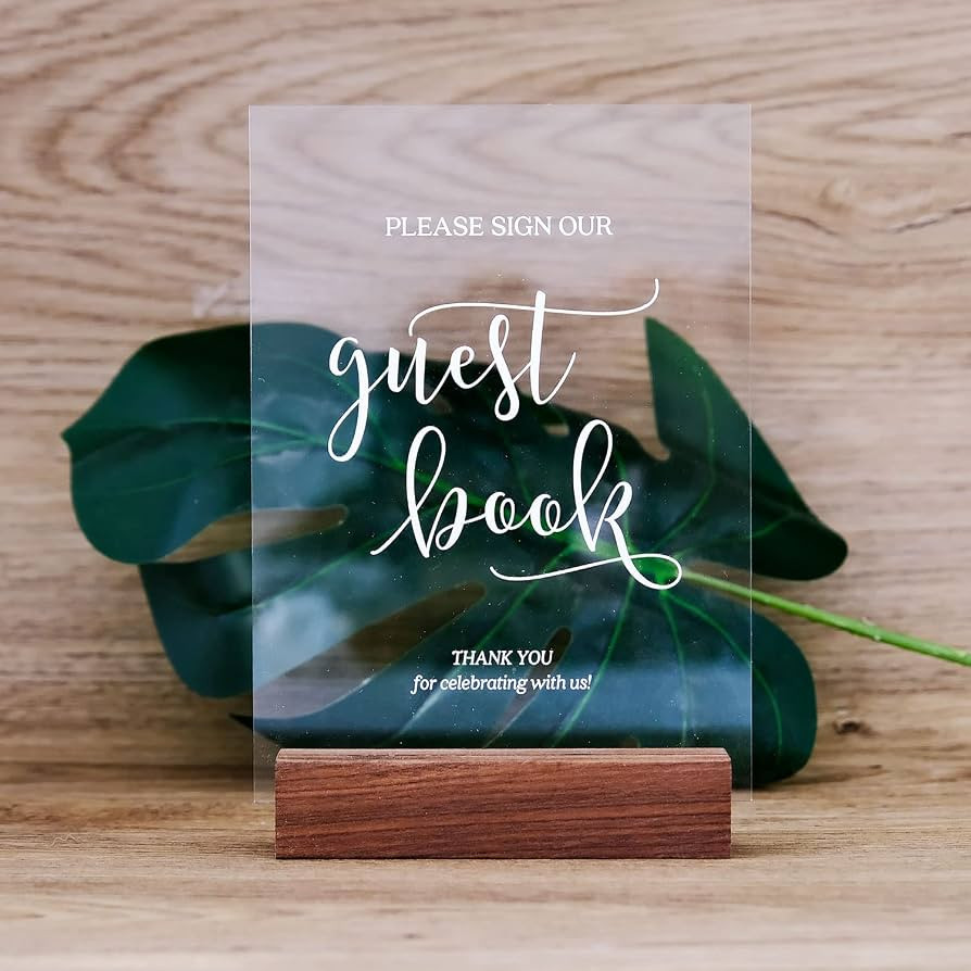 Please Sign Our Guest Book Sign with Wood Stand- 5” x 7" Glass Look Clear Acrylic Wedding Calli... | Amazon (US)