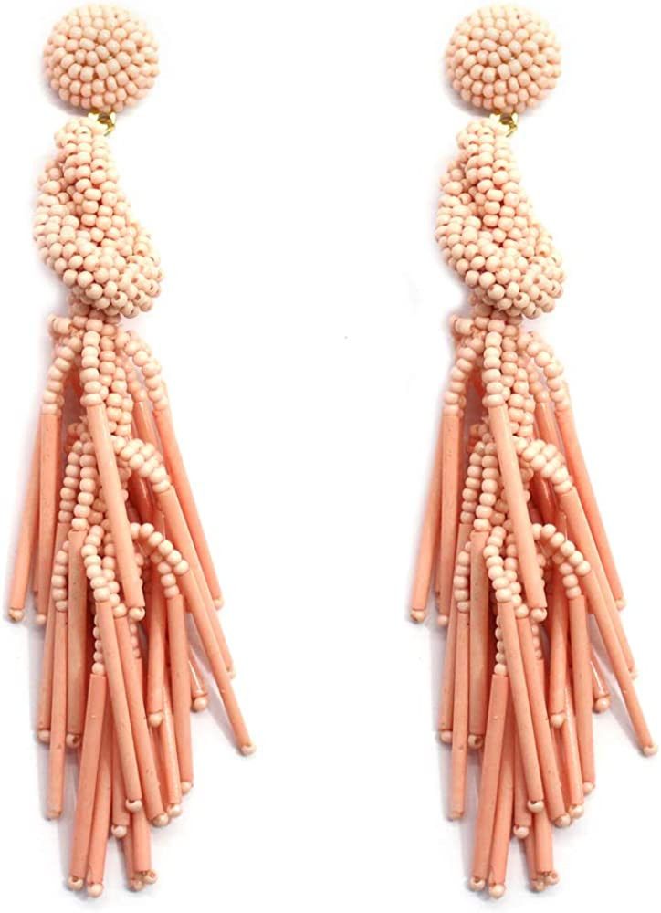 Handmade Beaded Solid Color Post Statement Earrings for Women Girl All Season 4 inch Long | Amazon (US)
