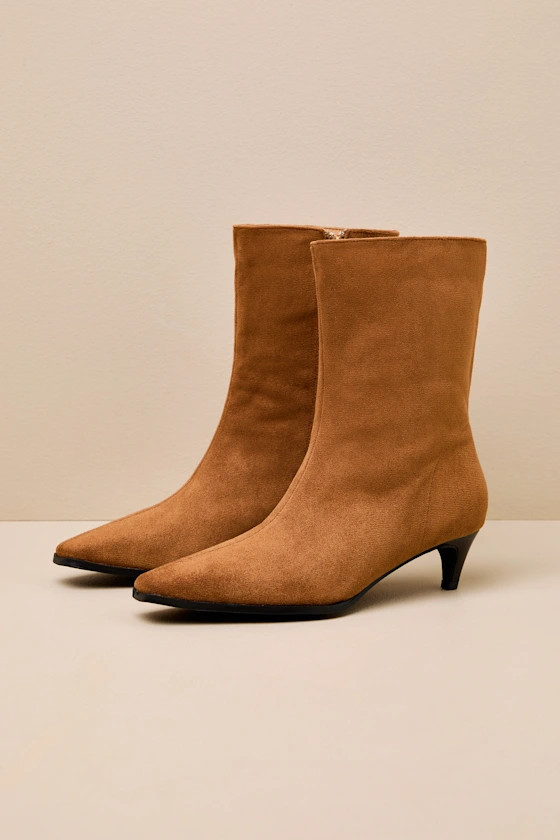 Carla Cognac Suede Kitten Heel Mid-Calf Booties | Lulus