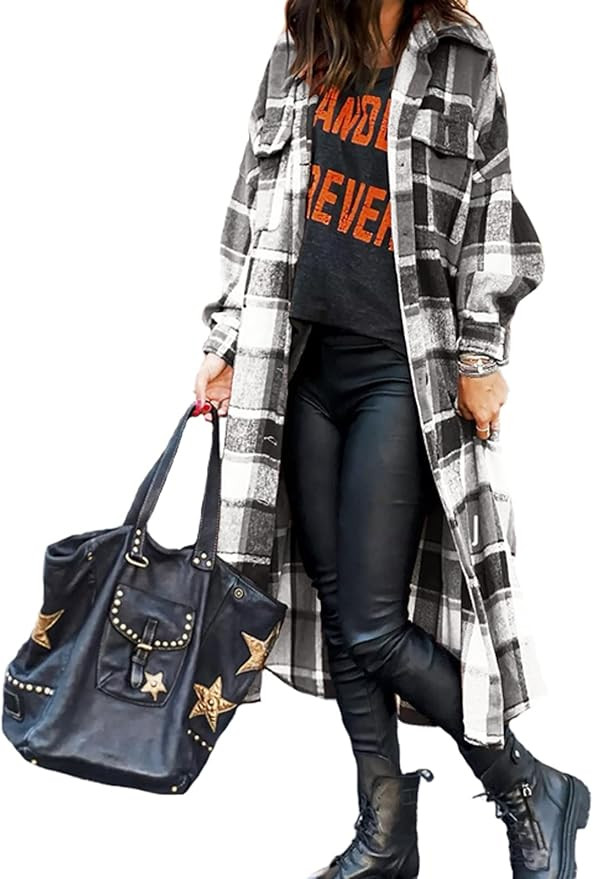 GEOUSLY Womens Long Sleeve Button Up Flannel Lapel Plaid Shacket Jacket Coat with Pockets | Amazon (US)