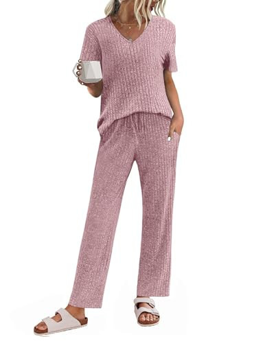 JiniGolla Lounge Sets for Women 2 Piece Short Sleeve Top and Pants Womens Pajama Sets Ribbed Knit Pjs Set Outfits Pink M | Amazon (US)
