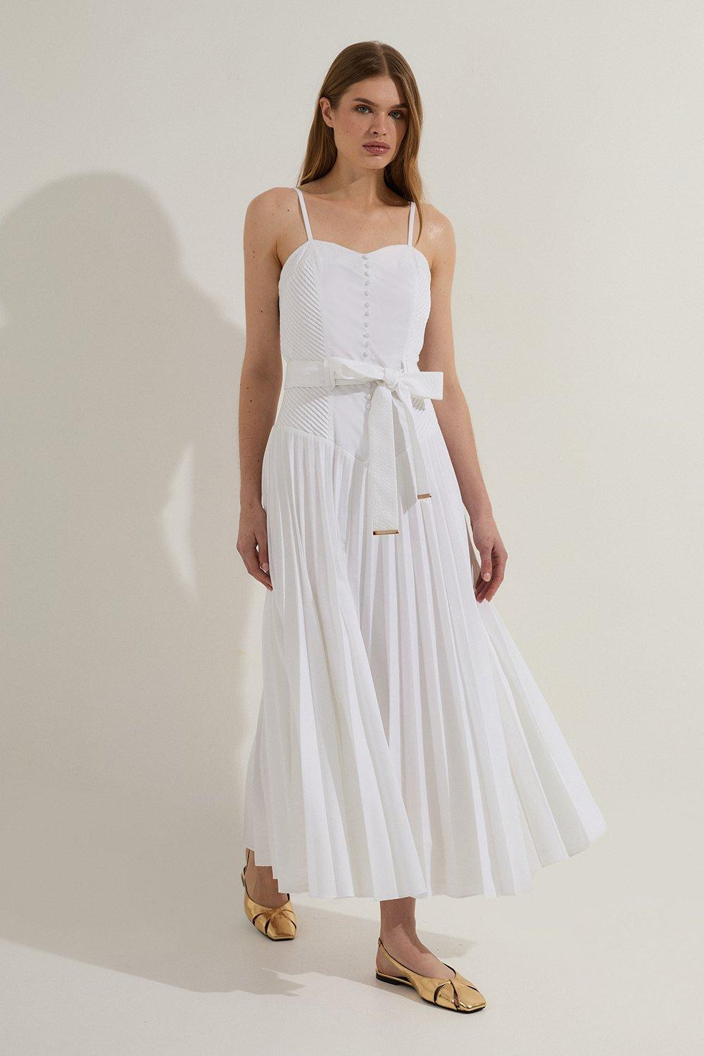 Tall Cotton Top Stitch Dropped Waist Woven Strappy Midi Dress | Karen Millen | Karen Millen UK + IE + DE + NL